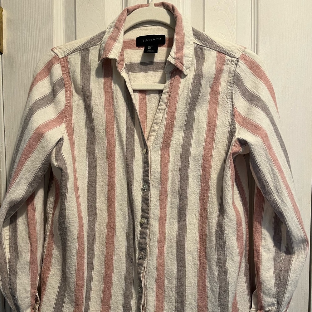 Linen Blend Button-Up Stripes Blouse Mother Of Pearl Buttons Tahari Sz S
